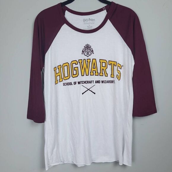 Harry Potter Womens Hogwarts School Tee Large White Maroon Wizard Semi Sheer - Picture 1 of 6